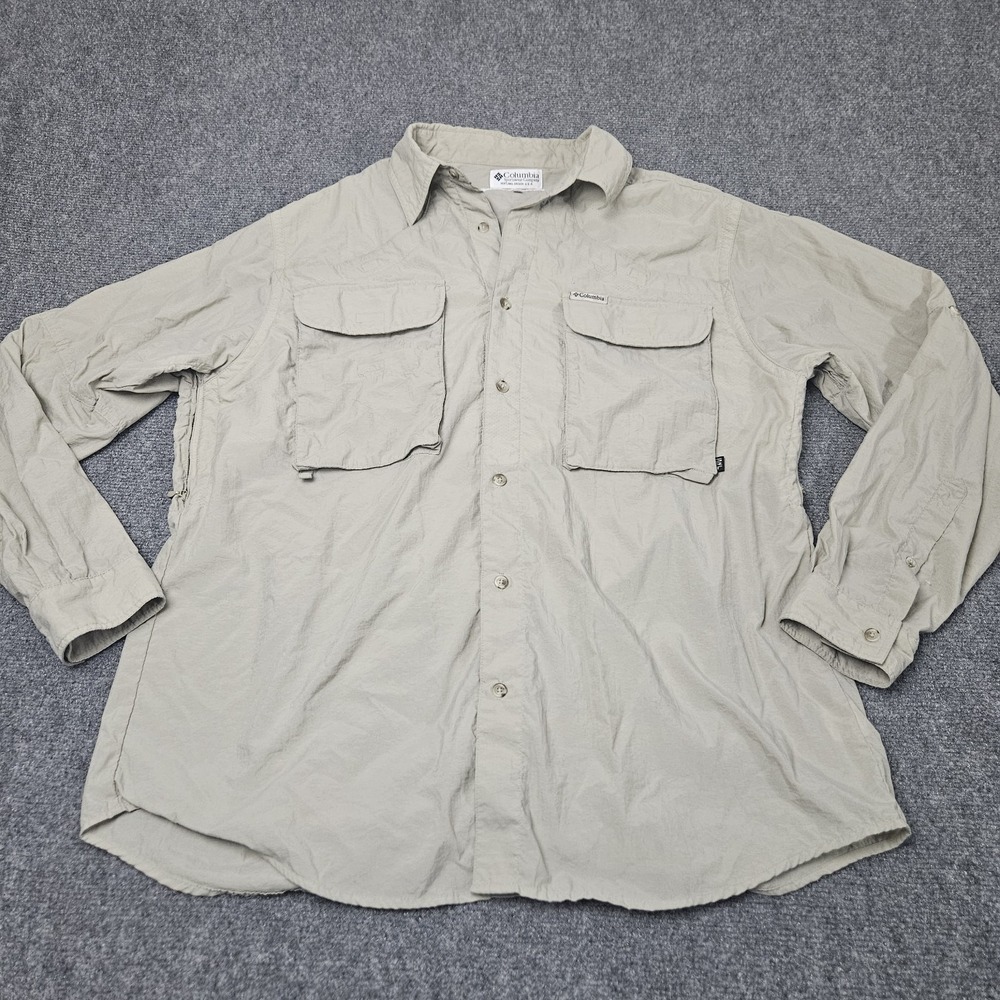 Columbia PFG Shirt Mens XL Beige Long Sleeve Nylon Fishing Hiking Utility